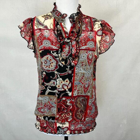 Iz Byer Tops - Iz Byer Blouse Sz M Black Multicolor Split Buttoned Neck Short Sleeve with Cami